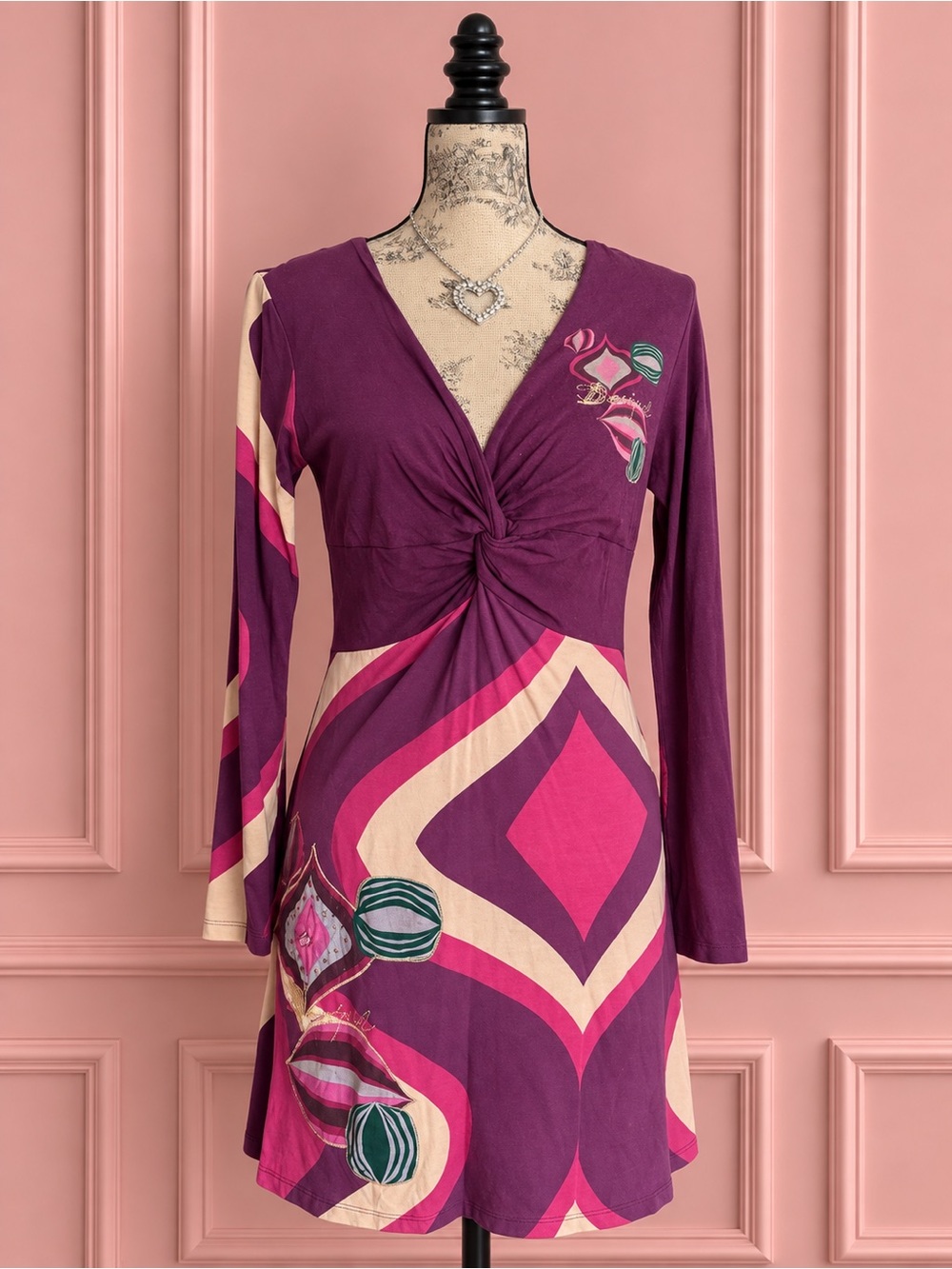 Desigual Purple Knot-Front Long Sleeve Print Dress Size XL